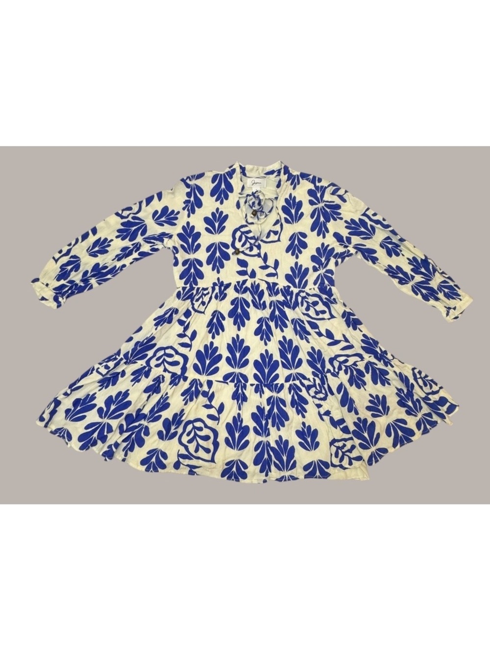 Japna Women’s S Blue White Floral Tiered Mini Dress Long Sleeve Boho Lined